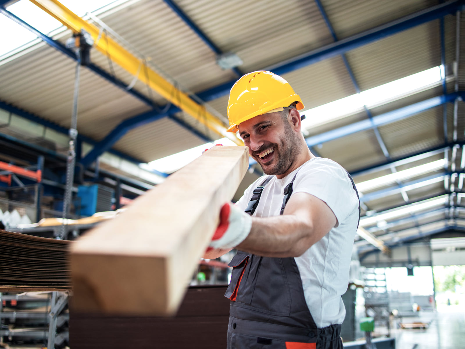 Bright woodworking workshop, workers at the line, hearing protection