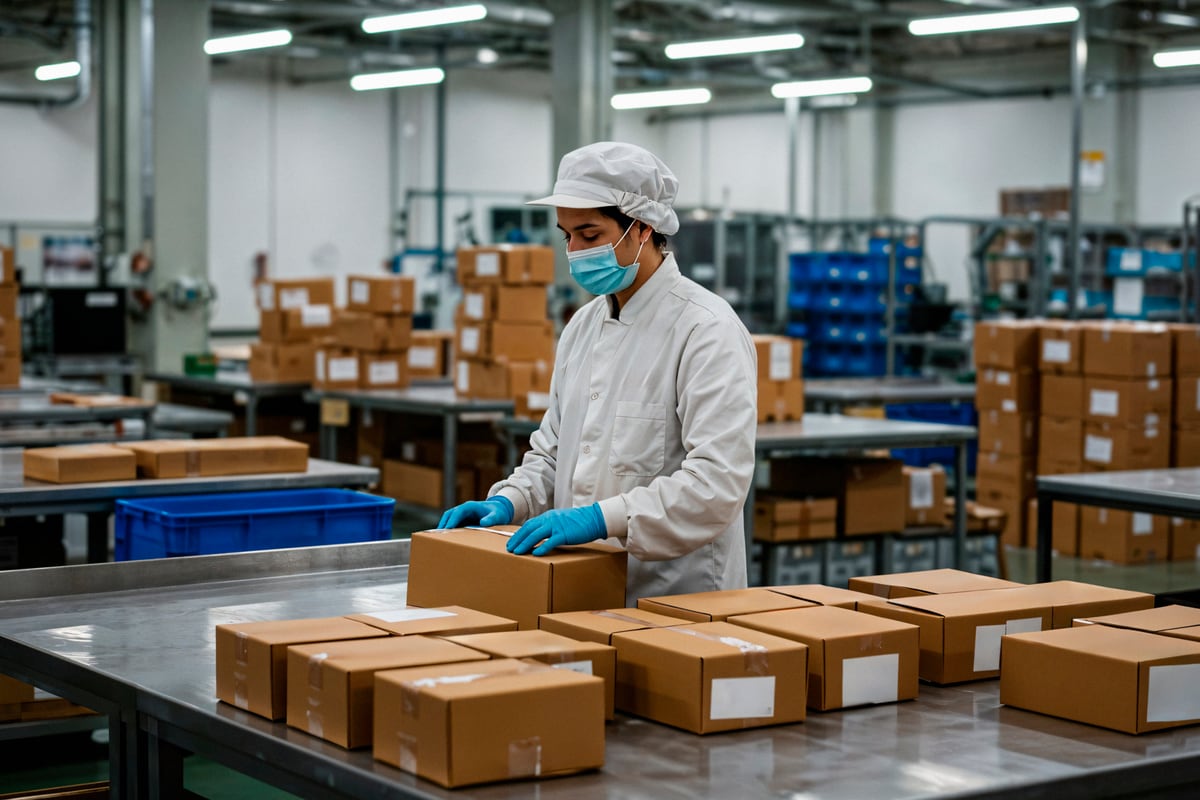 Пакувальниця укладає готову продукцію в коробки на пакувальній ділянці